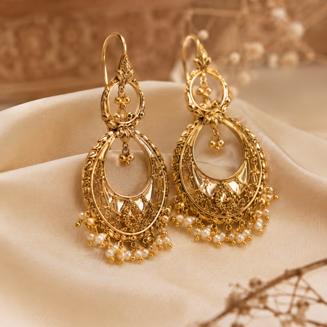 Gold chandbali earrings with pearl drops resting on silk.