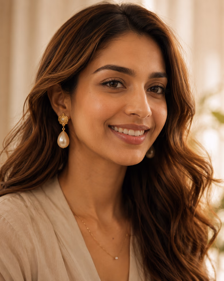 Woman smiling softly, wearing gold and pearl drop earrings.