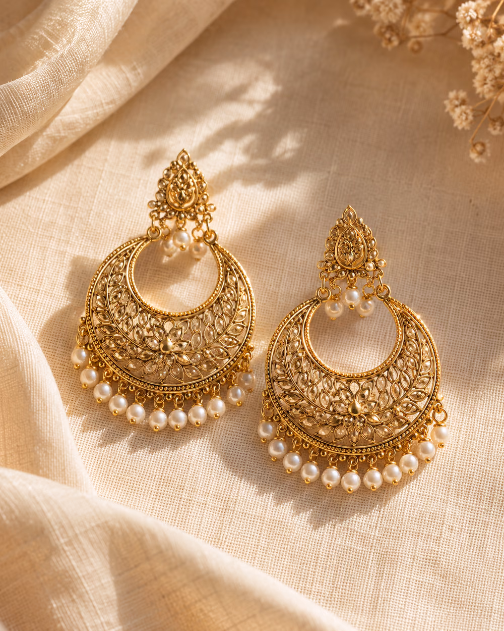 Gold Chandbali Earrings with crescent shape and pearl drops.