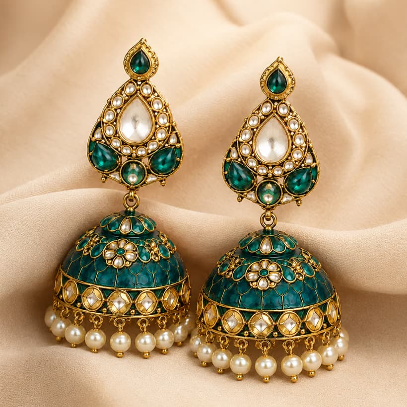 Emerald-green kundan jhumka earrings with pearl fringe, resting on cream silk.