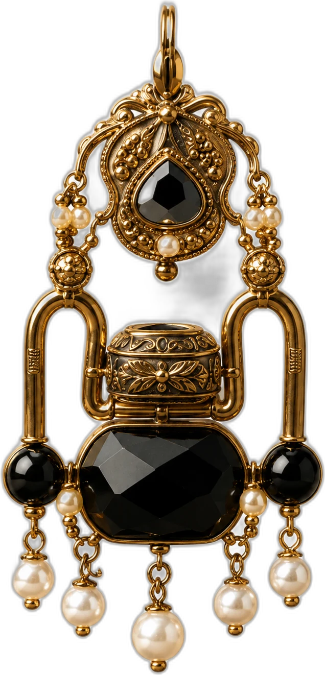 A handcrafted Kaayu earring with black onyx stones, gold filigree, and pearl drops.