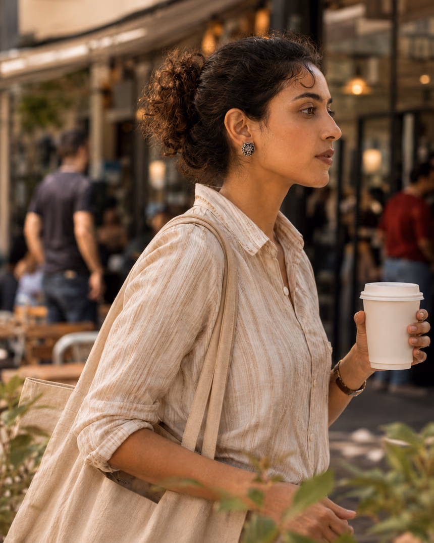 Woman walking through a sunlit street with a coffee cup, wearing oxidized silver stud earrings.