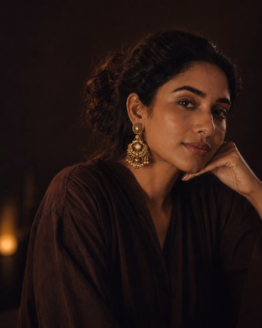 Woman resting her chin on her hand in warm candlelight, wearing gold chandbali earrings.