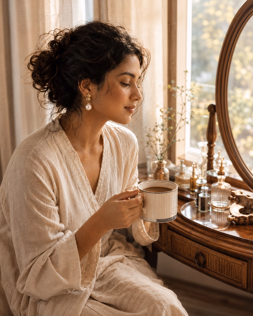 Woman in a linen robe holding a chai mug in warm morning light, wearing gold pearl drop earrings.